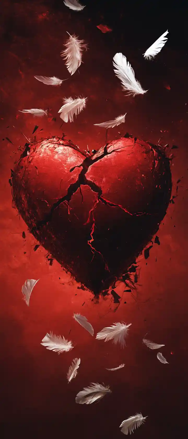 Glowing cracked red heart with falling white feathers