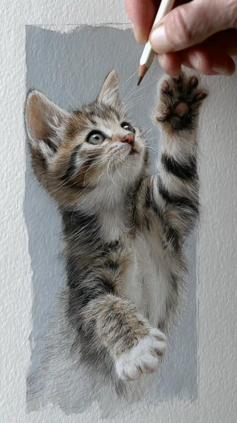 Pencil sketch of a playful tabby kitten and artist hand