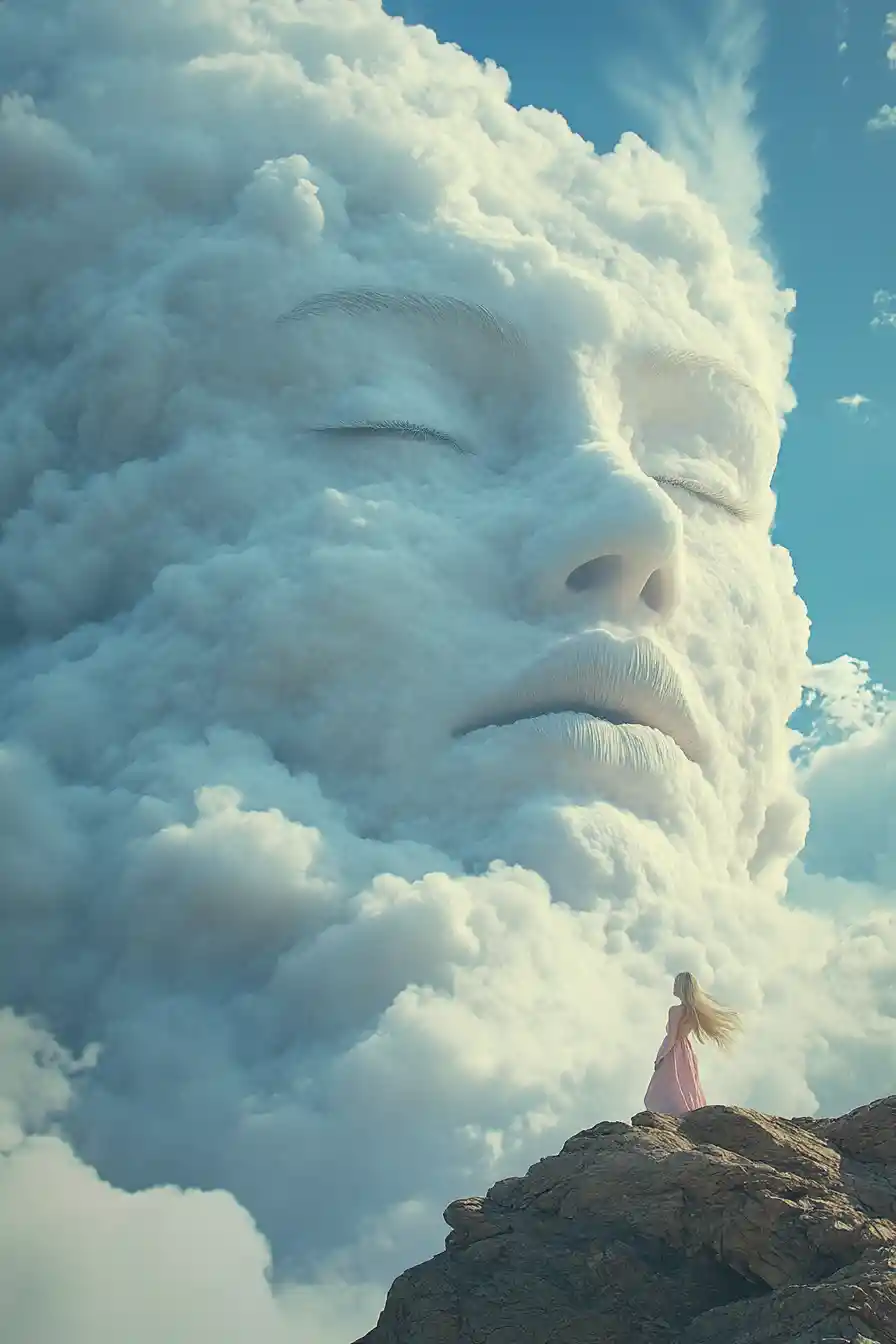 Woman In Pink Dress Gazing At Colossal Cloud Face