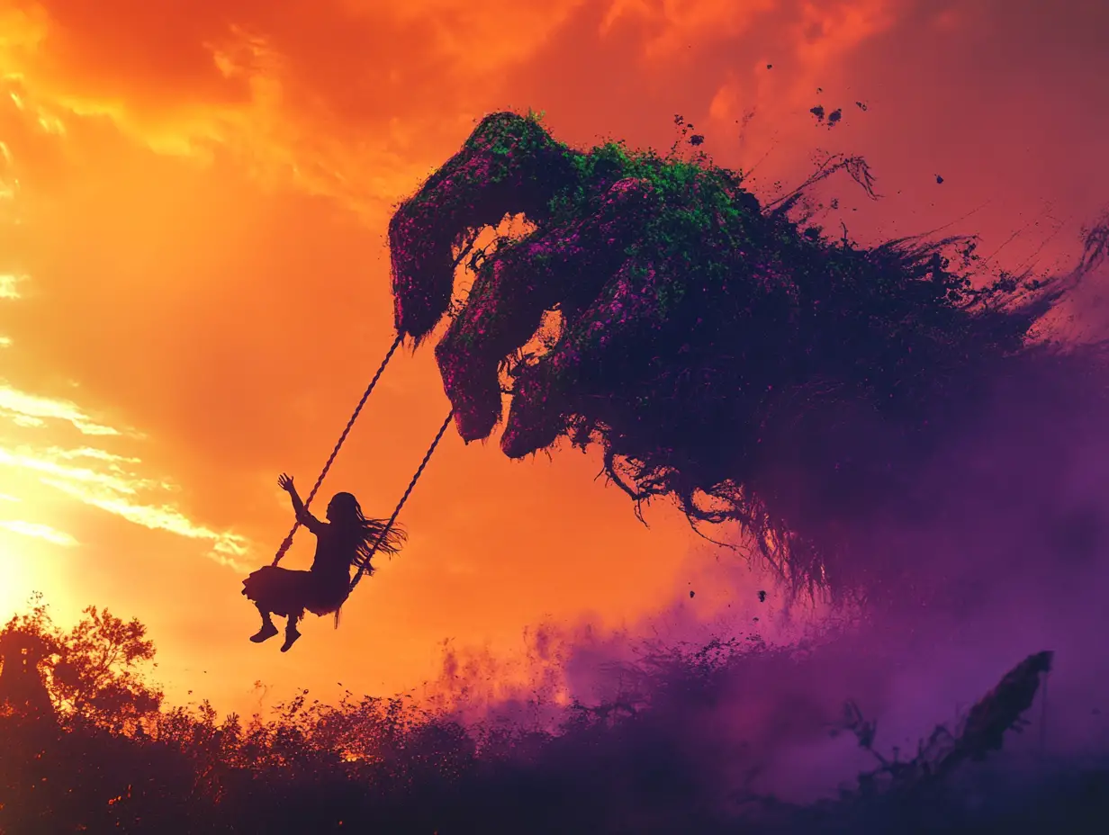 Teenage girl on swing beneath giant hand at dusk