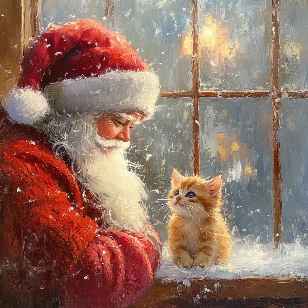 Santa and kitten looking through frosted Christmas window
