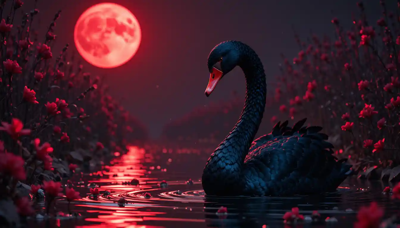 Schwarzer Schwan unter rotem Mond auf dunklem, krausendem Wasser