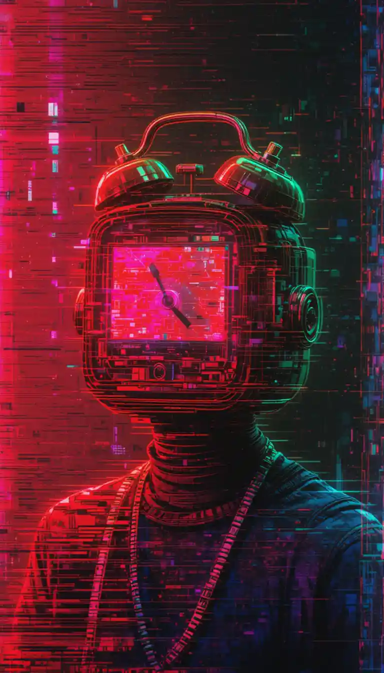 Figura di sveglia glitch in distorsione databent al neon