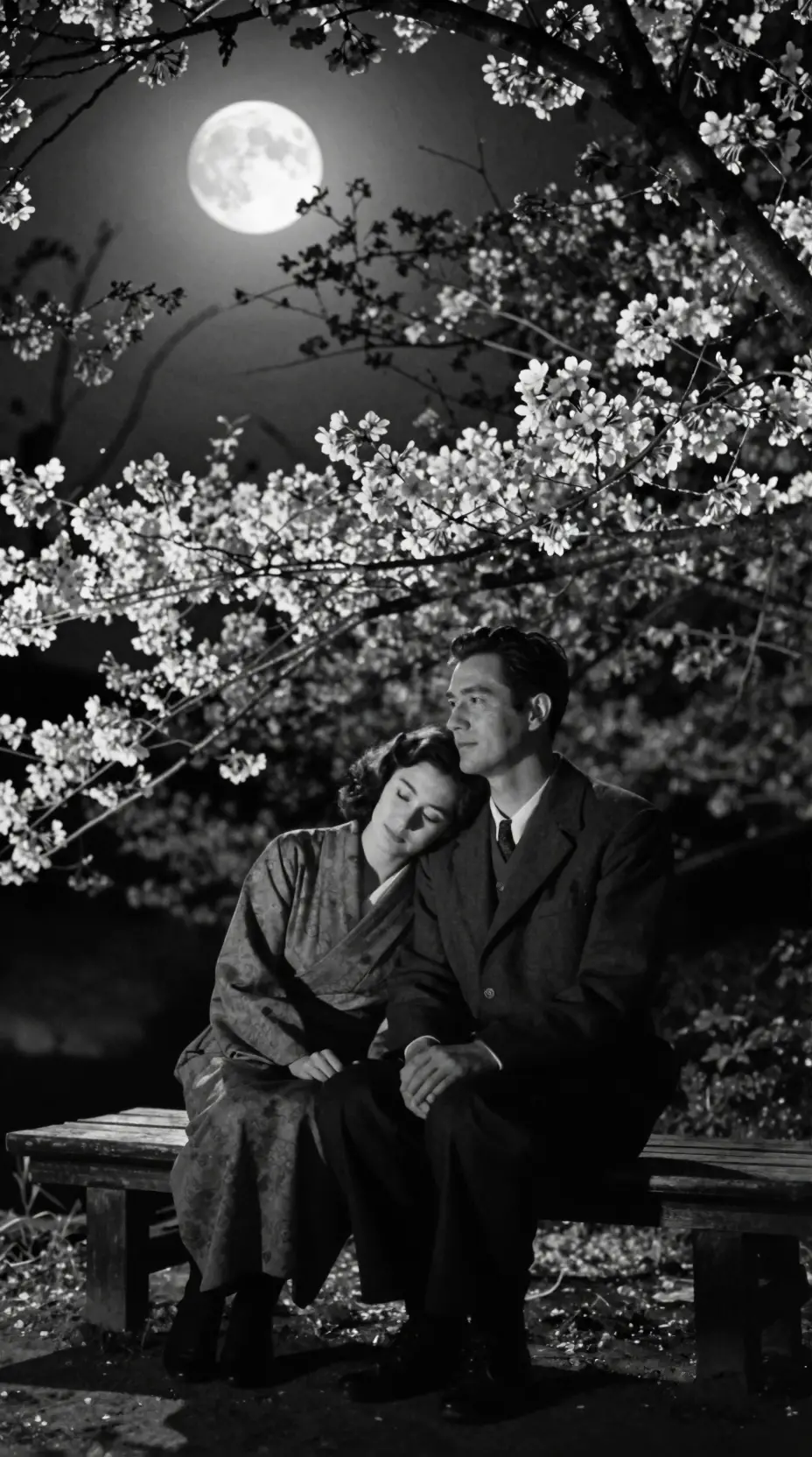Romantic couple under a full moon in cherry blossoms