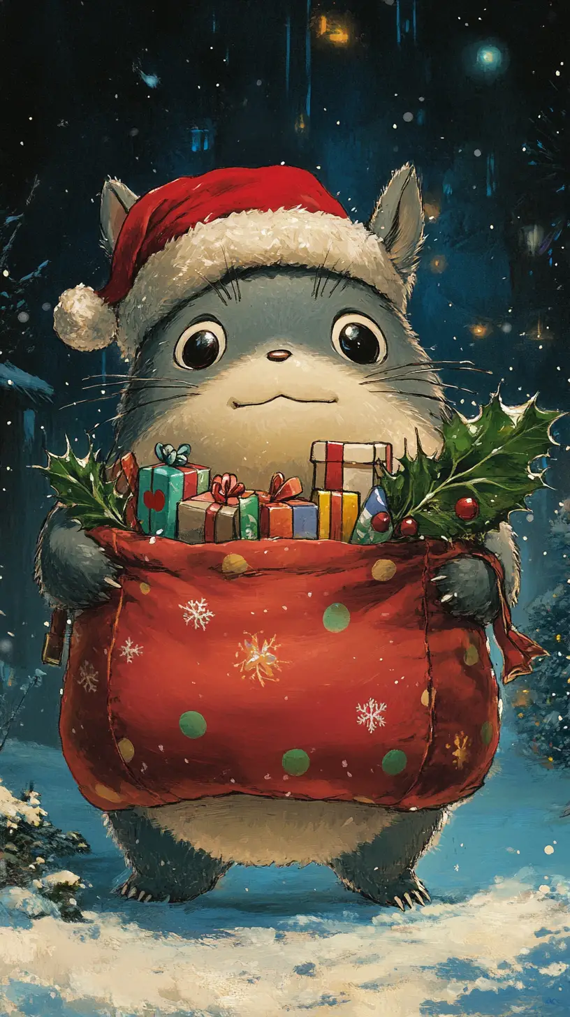 Cute cartoon creature in a snowy Christmas landscape