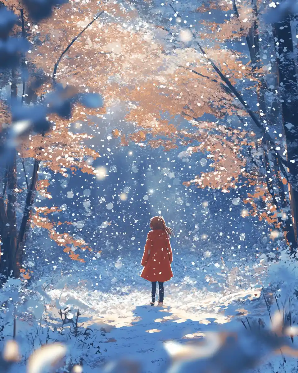 First Snowflakes Falling In A Bright Anime Illustration