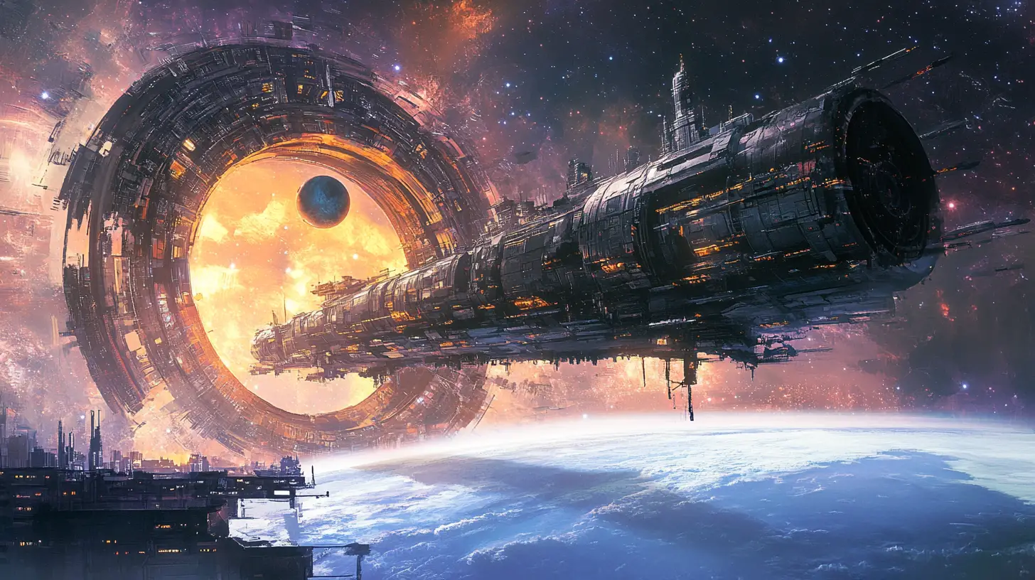 Gigantic starship emerging from a swirling time portal