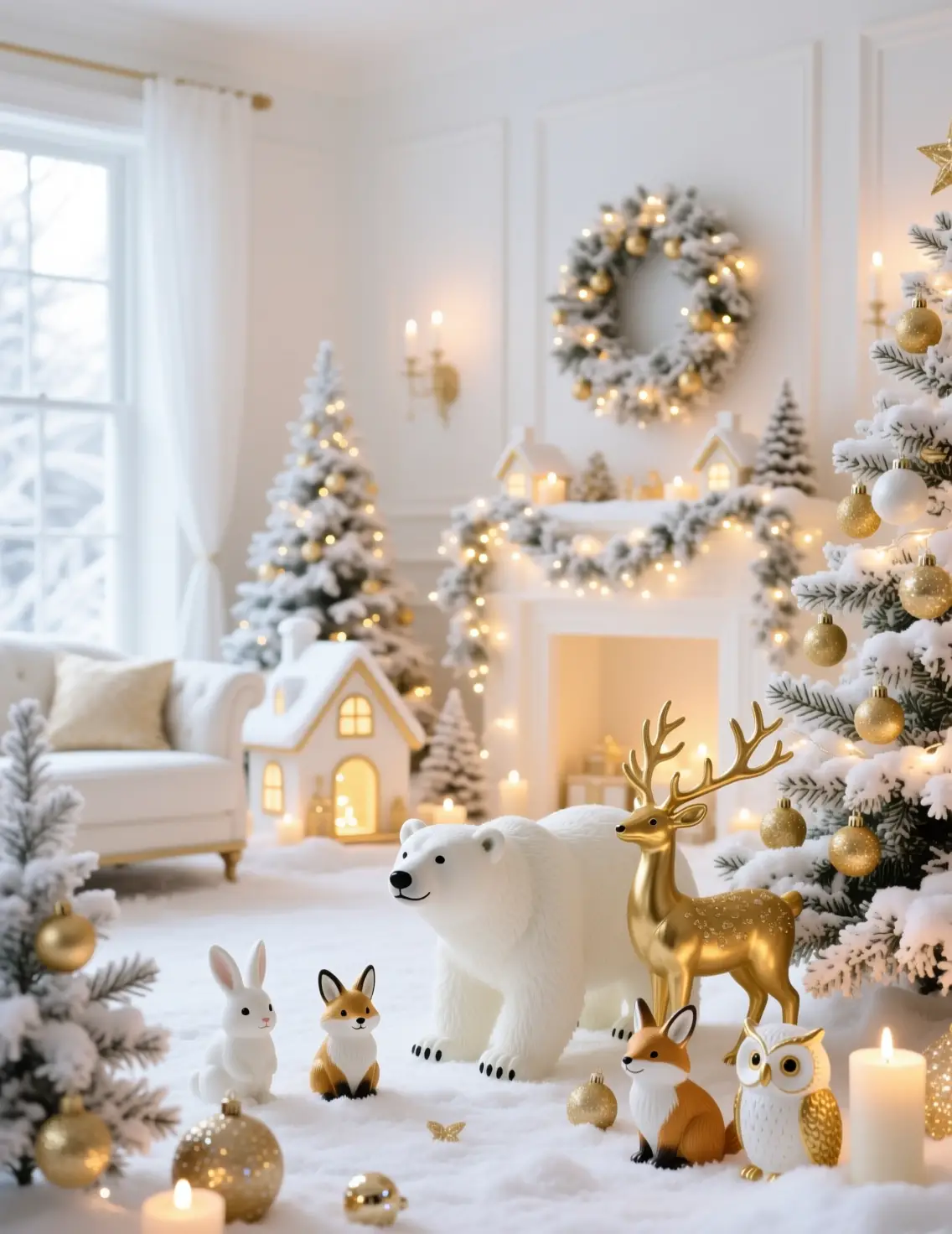 Elegant winter holiday decor with glowing village scene