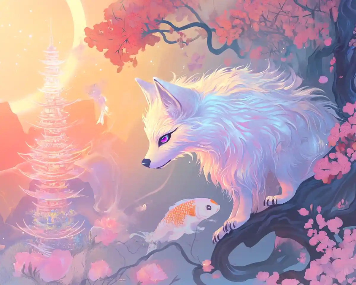 Fierce tiny wolf on glowing cherry blossom branch
