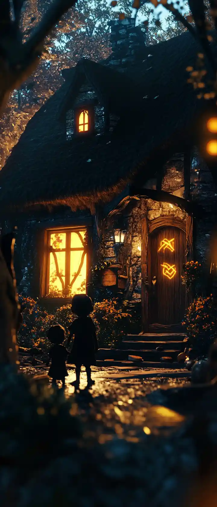 Cozy cottage with eerie child silhouettes and glowing runes