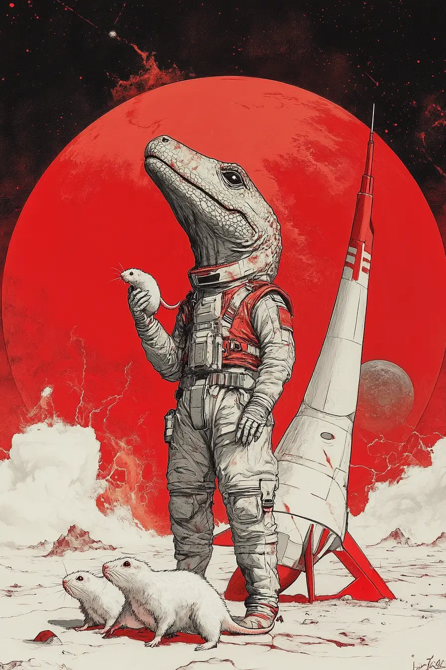 Tall reptile humanoids in uniforms eating white rats in space