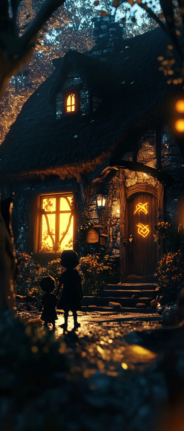 Cozy cottage with eerie child silhouettes and glowing runes