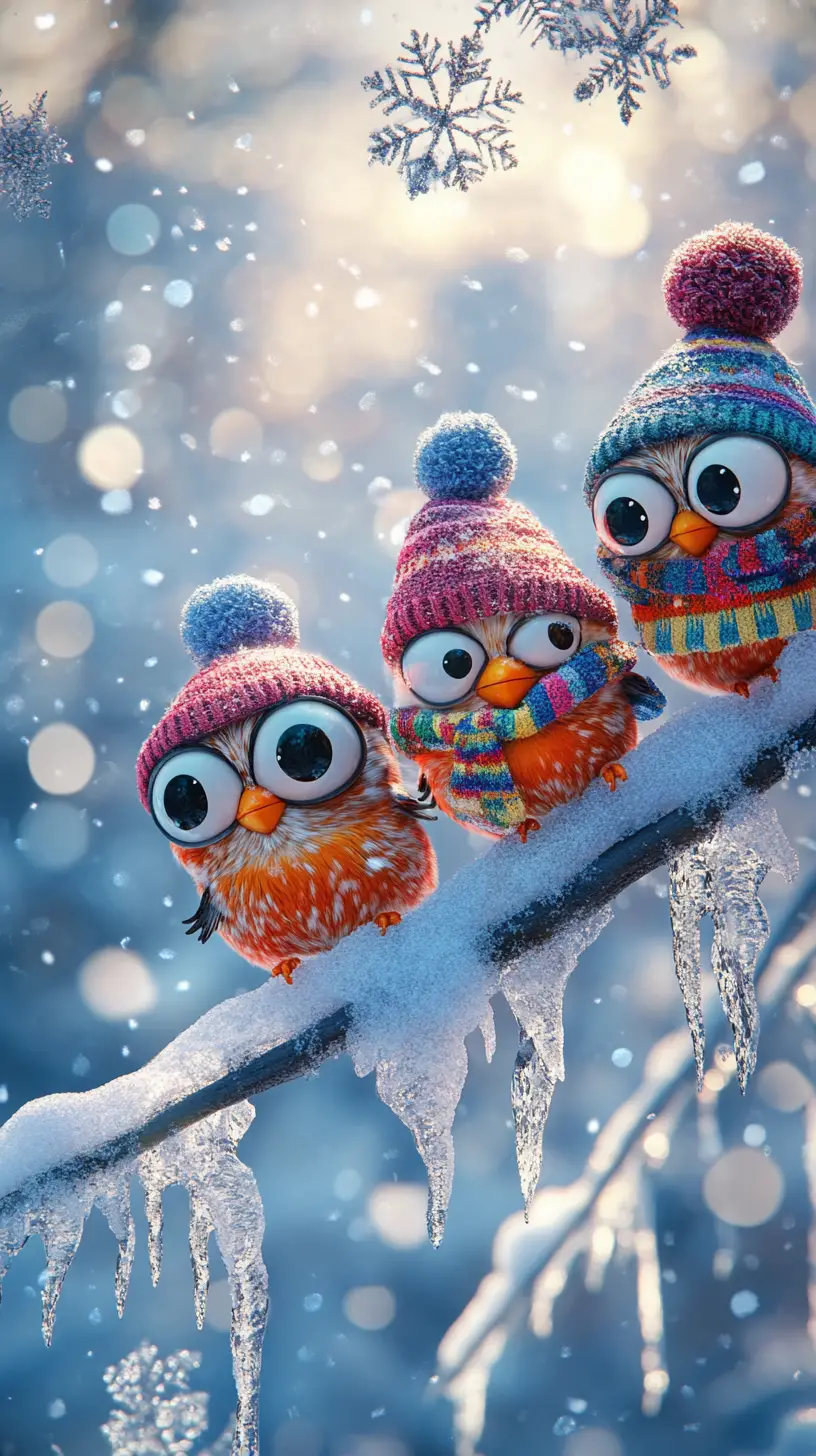Cartoon Winter Birds On Snowy Branch In 3D Illustration