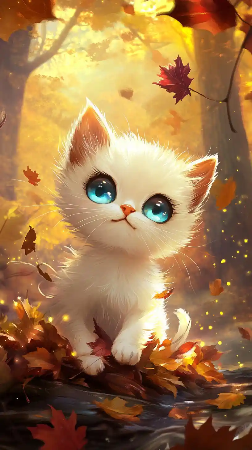 Chibi Siamese kitten playing in magical autumn leaves