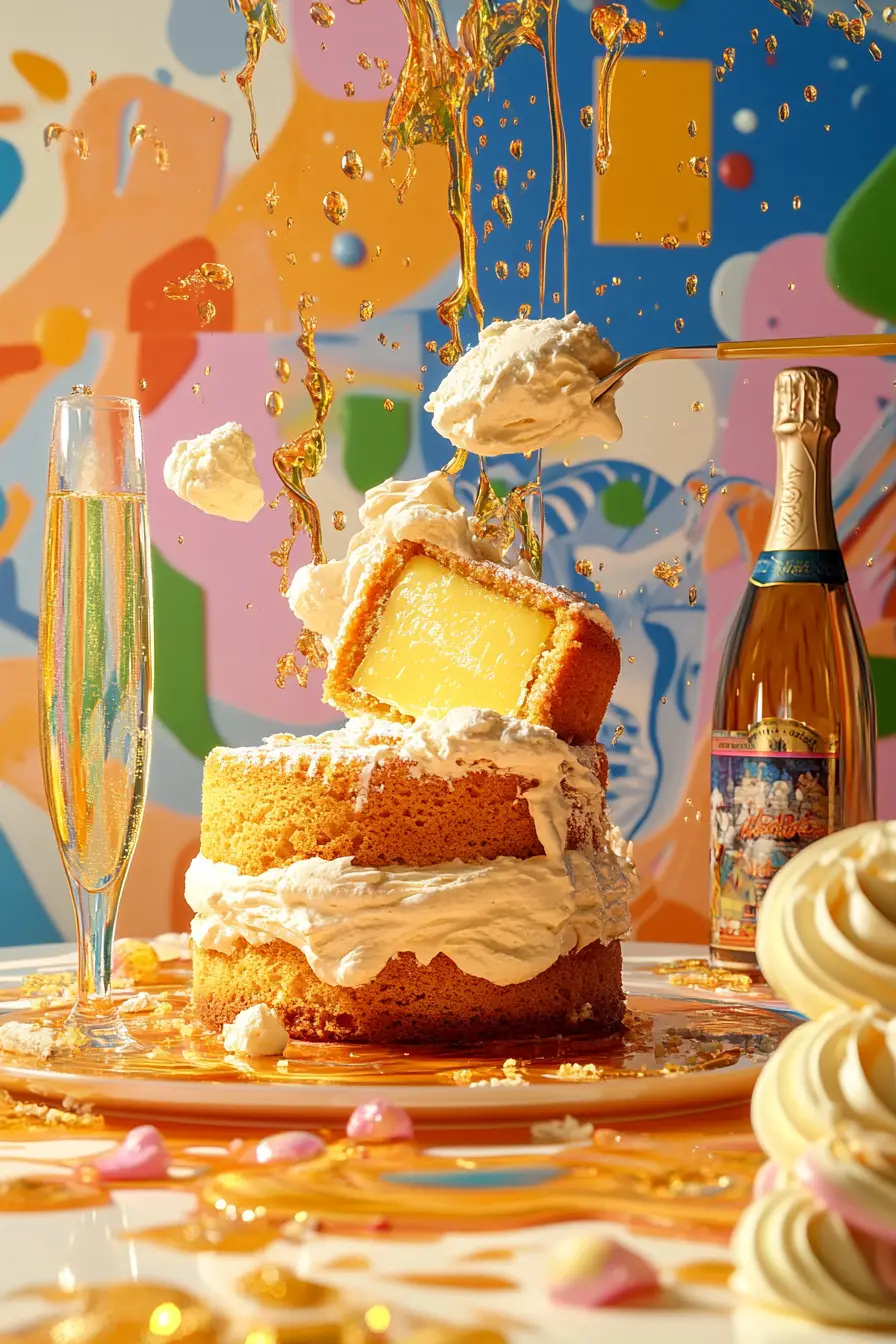 Surreal buttered wedding cake in a retro art kitchen