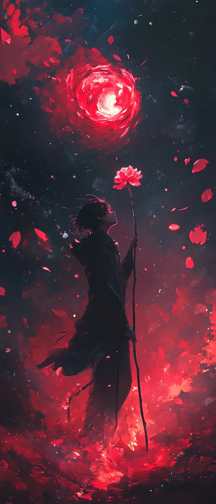 Anime girl holding a flower dissolving into glowing ash