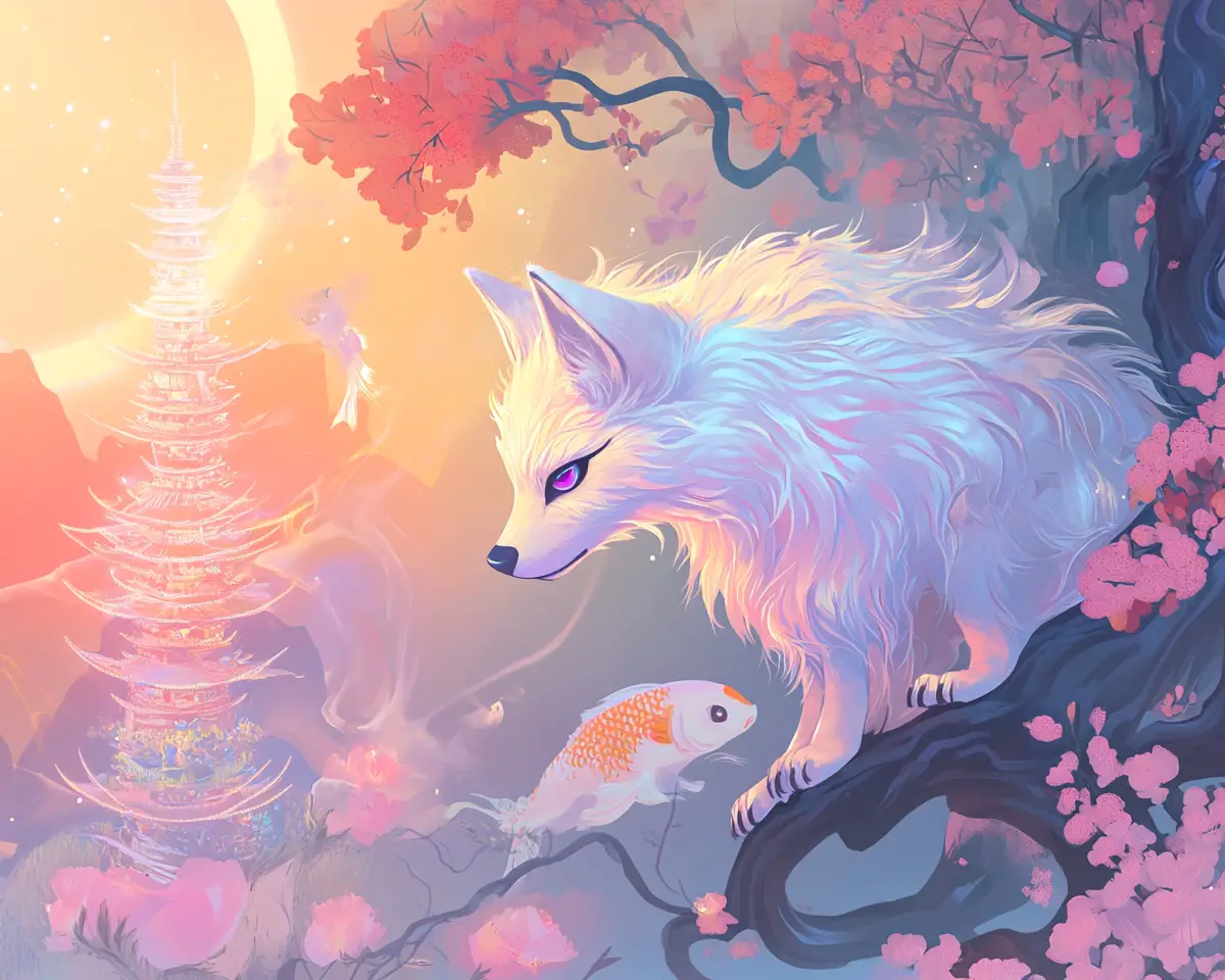 Fierce tiny wolf on glowing cherry blossom branch
