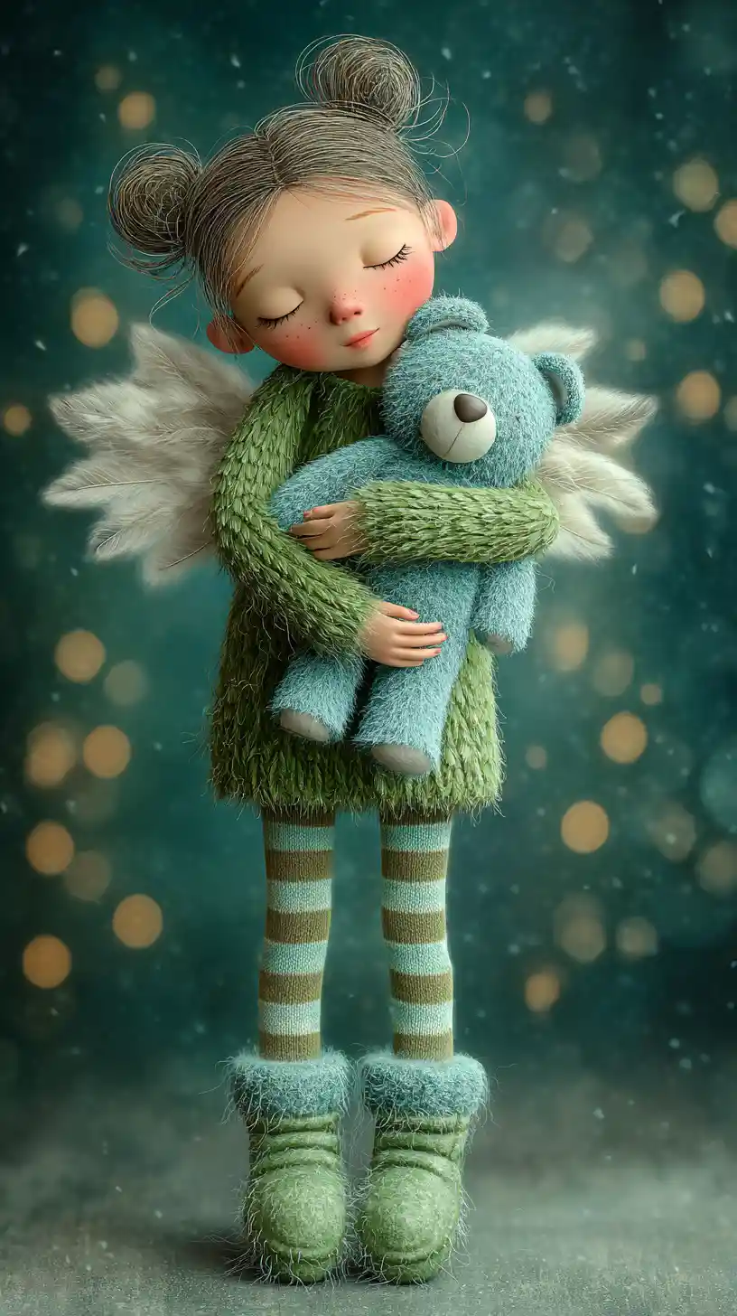 Whimsical angel child hugging a soft blue teddy bear