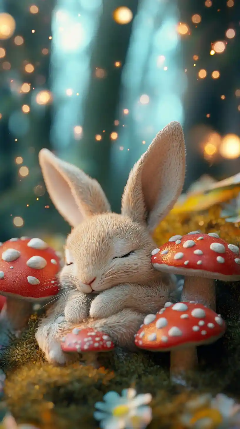 Textile rabbit sleeping in a pastel fantasy forest
