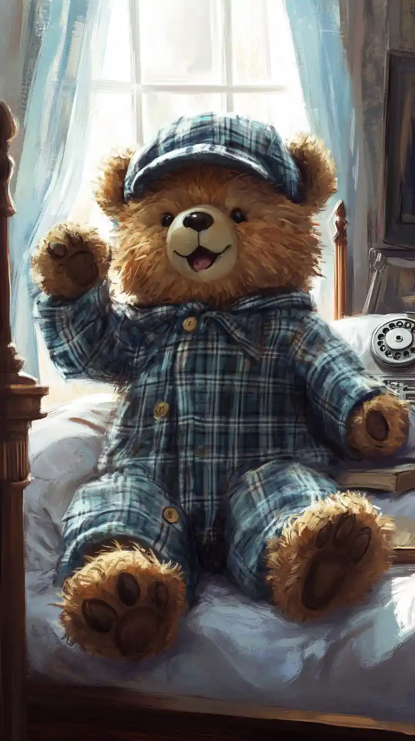 Cozy teddy bear in plaid pajamas on bedtime bed