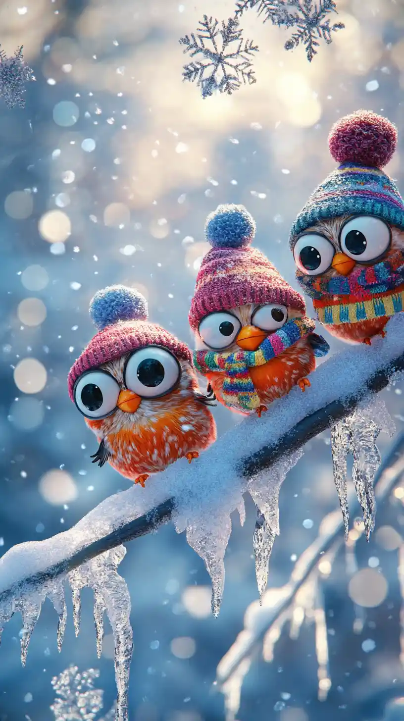 Cartoon Winter Birds On Snowy Branch In 3D Illustration