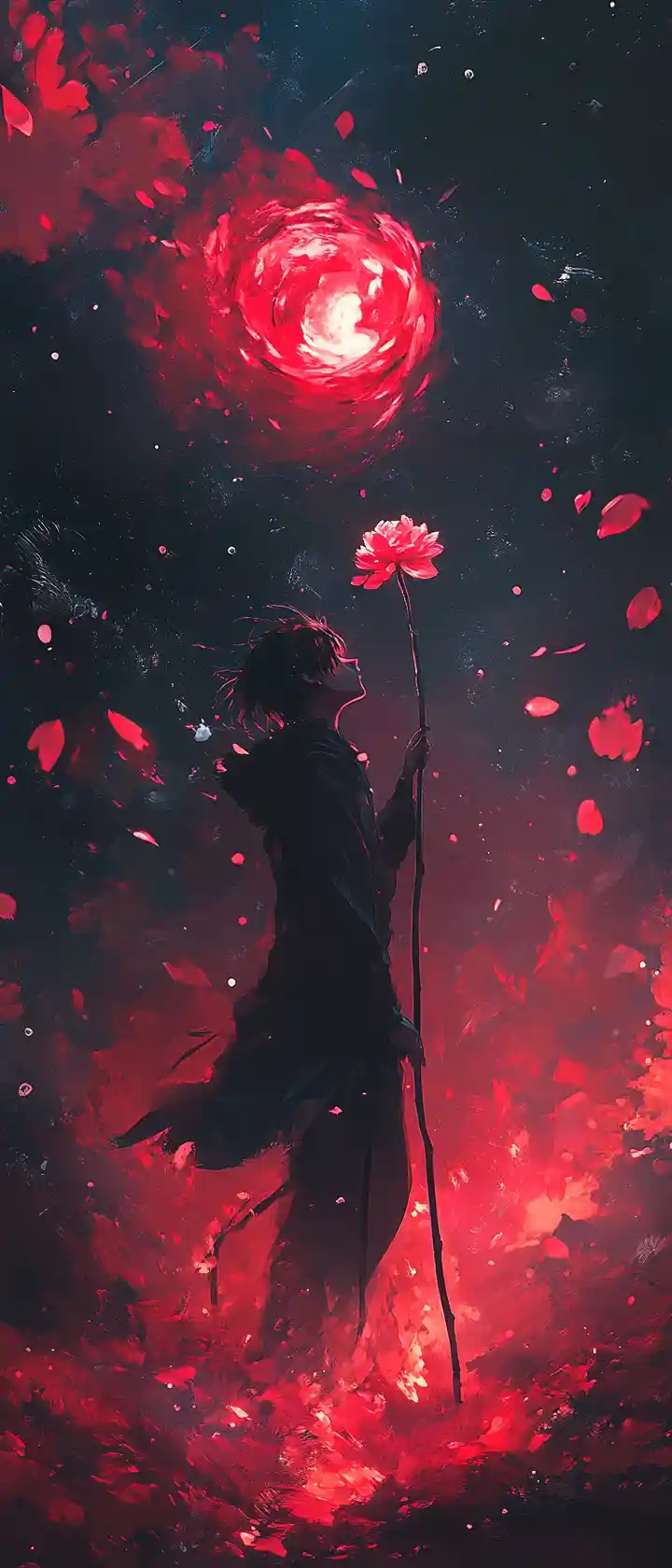 花を持つアニメ少女が光る灰となって溶けていく