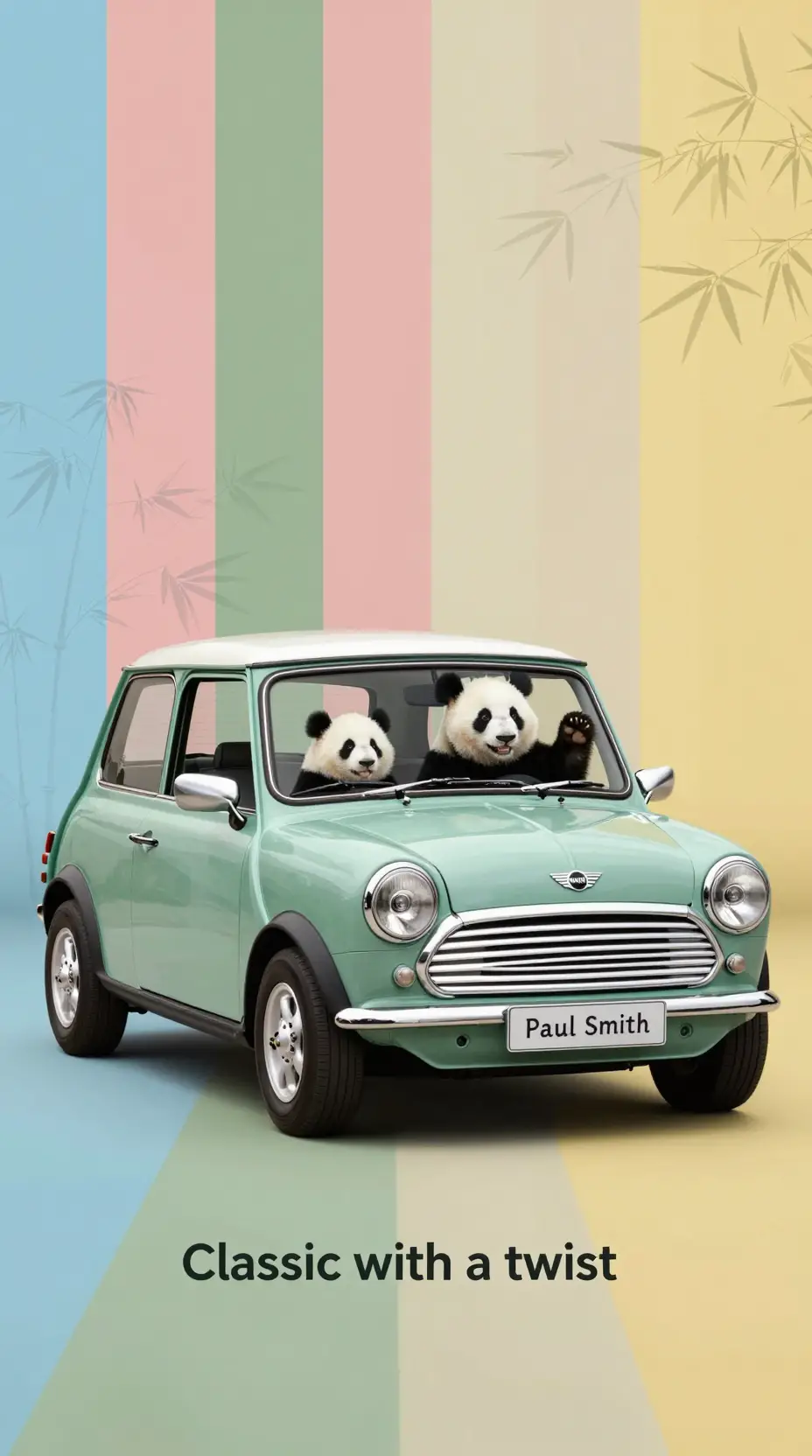 Pandas driving a classic mini with striped bamboo backdrop