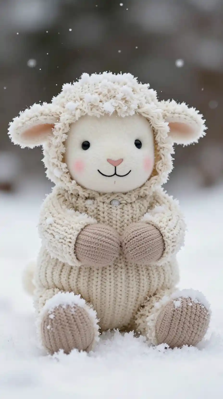 Stuffed Lamb Toy Sitting In Falling Winter Snow