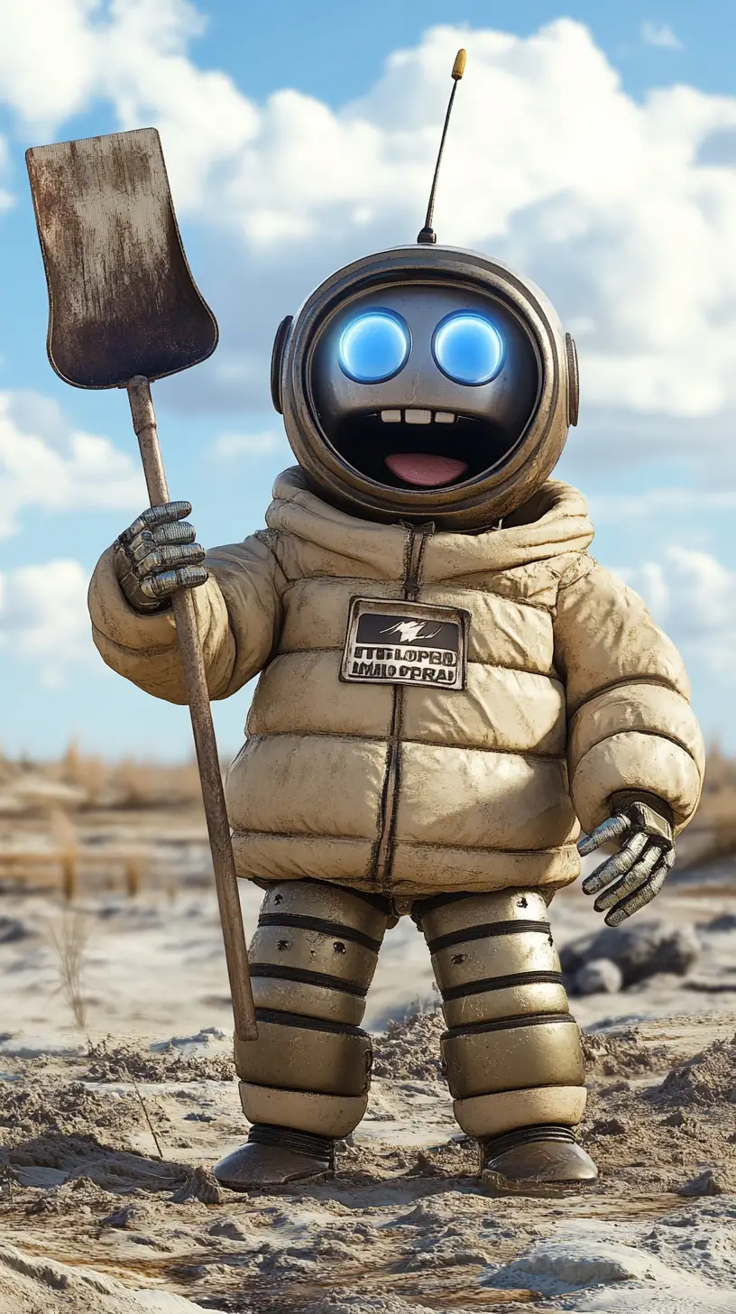 Cheerful cartoon robot in a padded jacket on sunny plains