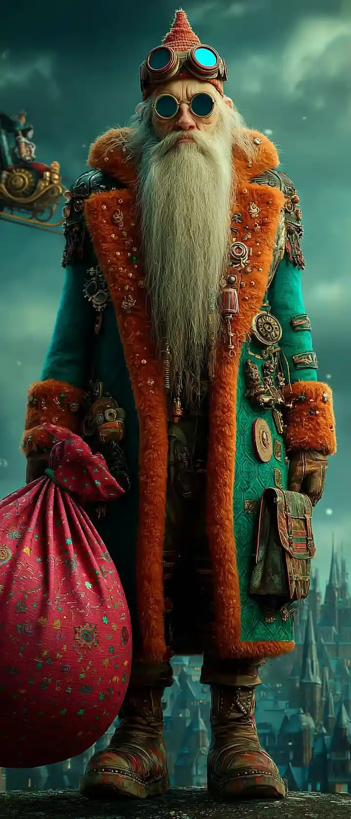 Steampunk Santa Claus With Gift Bag In City Street