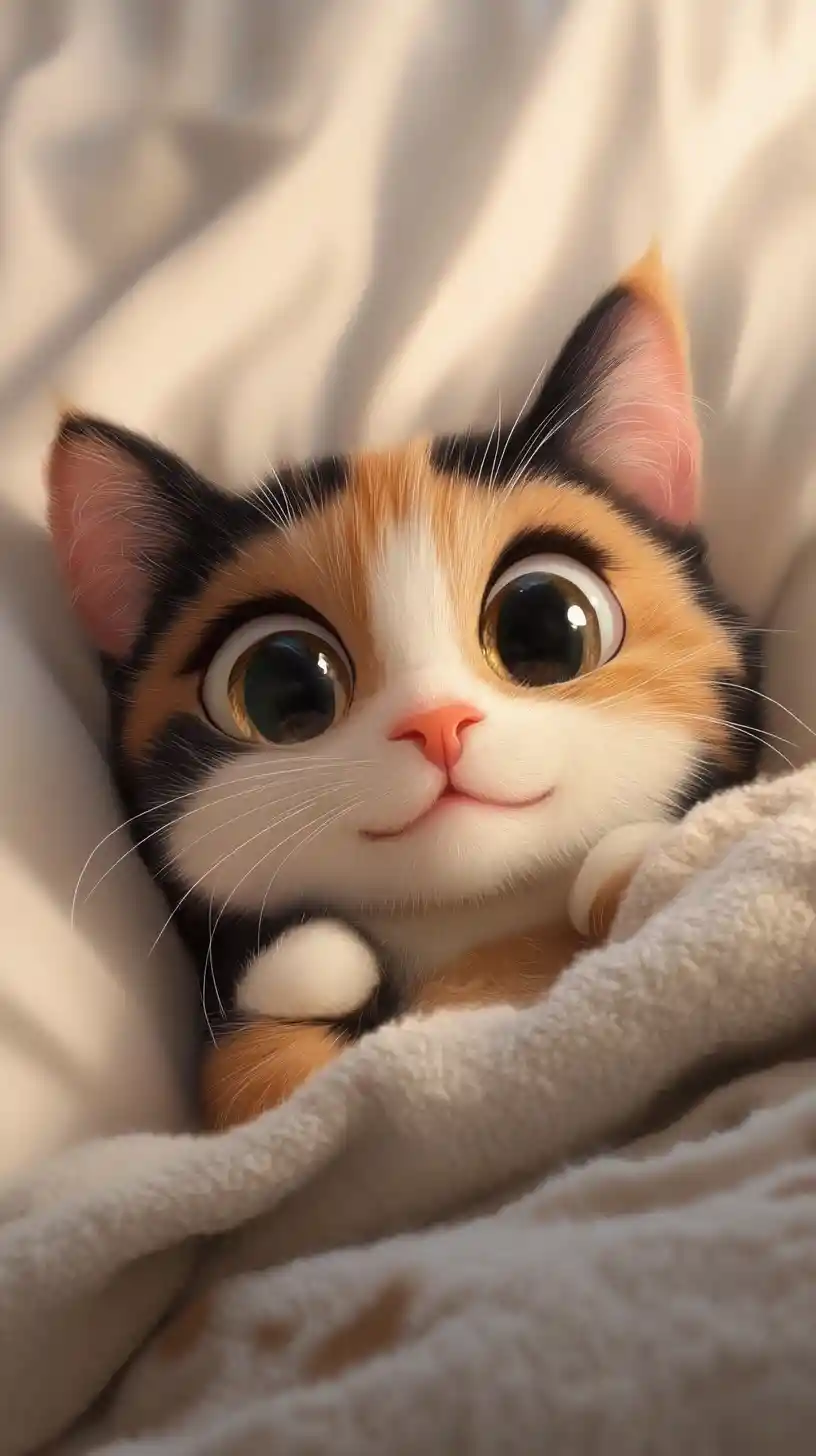 Playful cartoon calico cat with exaggerated expression
