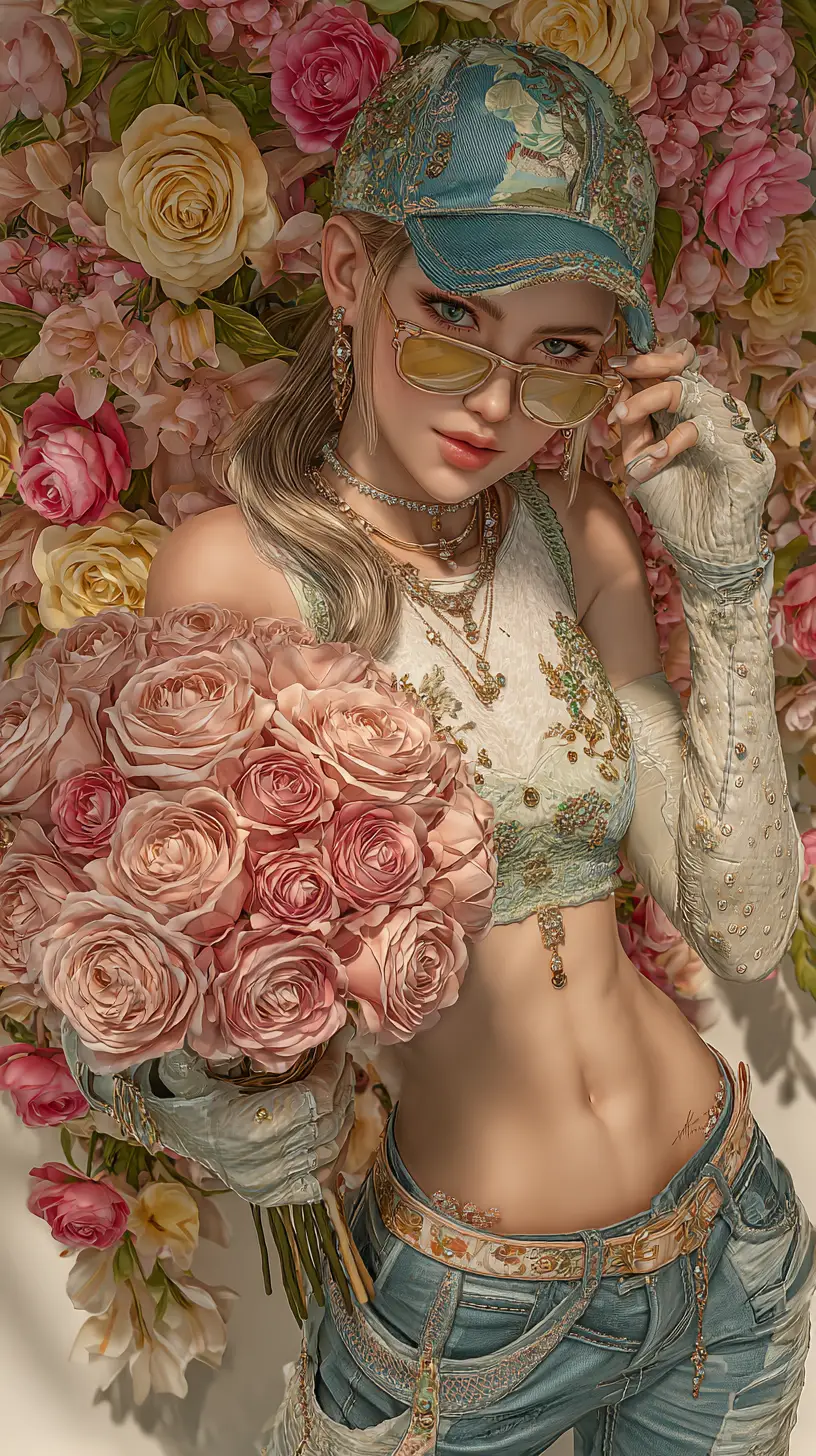 Beautiful woman with roses in a colorful floral garden
