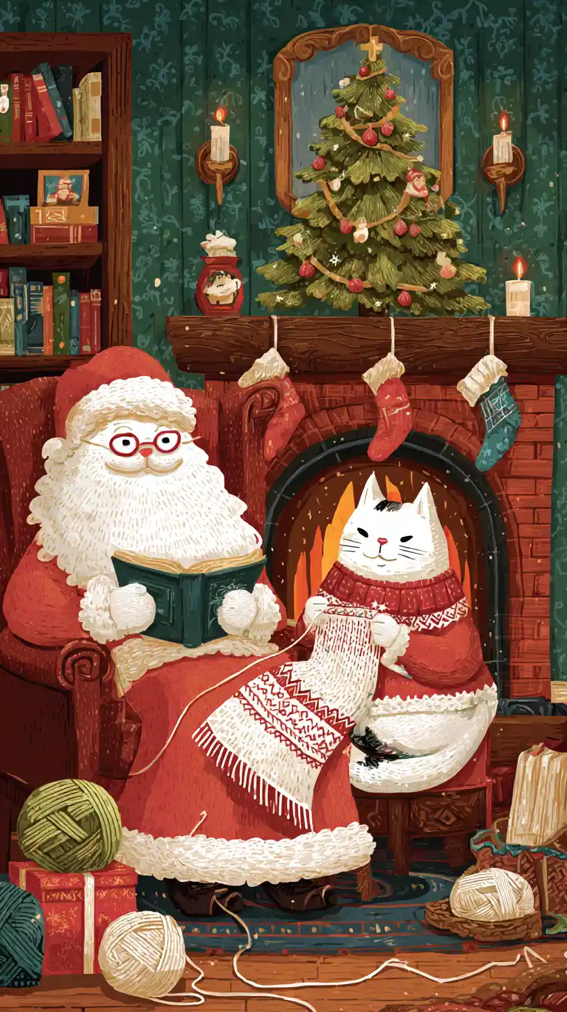 Chat Père Noël et chatte Mère Noël dans une maison de Noël chaleureuse
