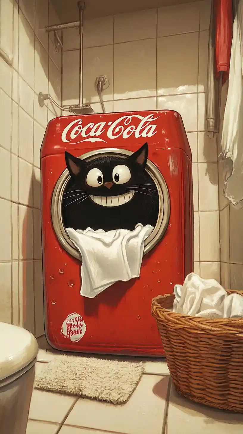 Cartoon black cat in red washing machine bathroom scene
