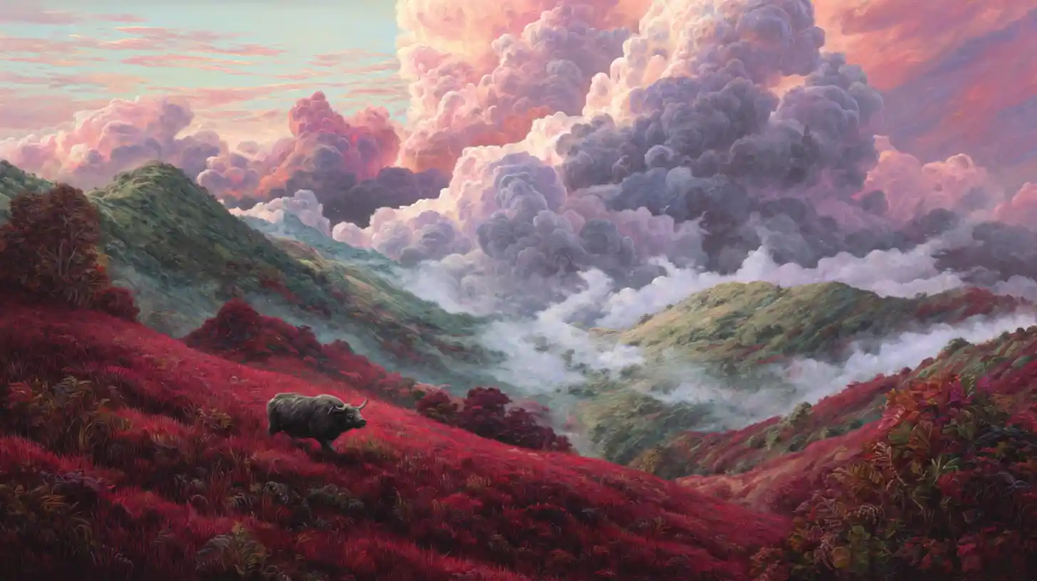 Surreal Mountain Landscape Painting With Colorful Rolling Hills