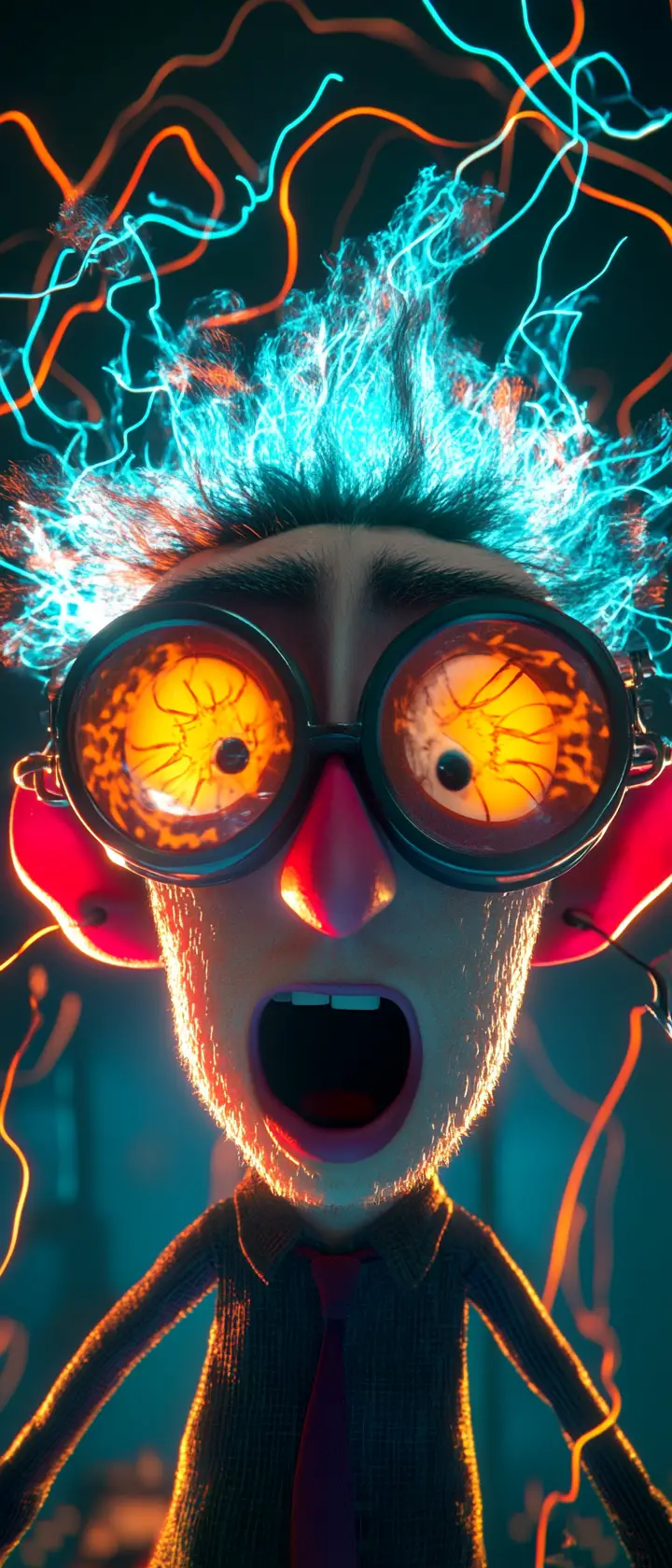 Cartoon scientist with wild hair in chaotic lab mishap