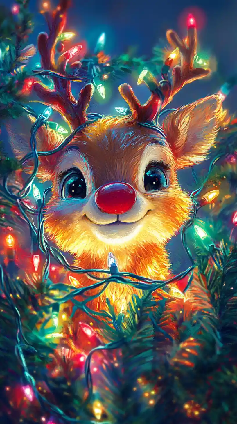 Playful reindeer tangled in glowing christmas tree lights