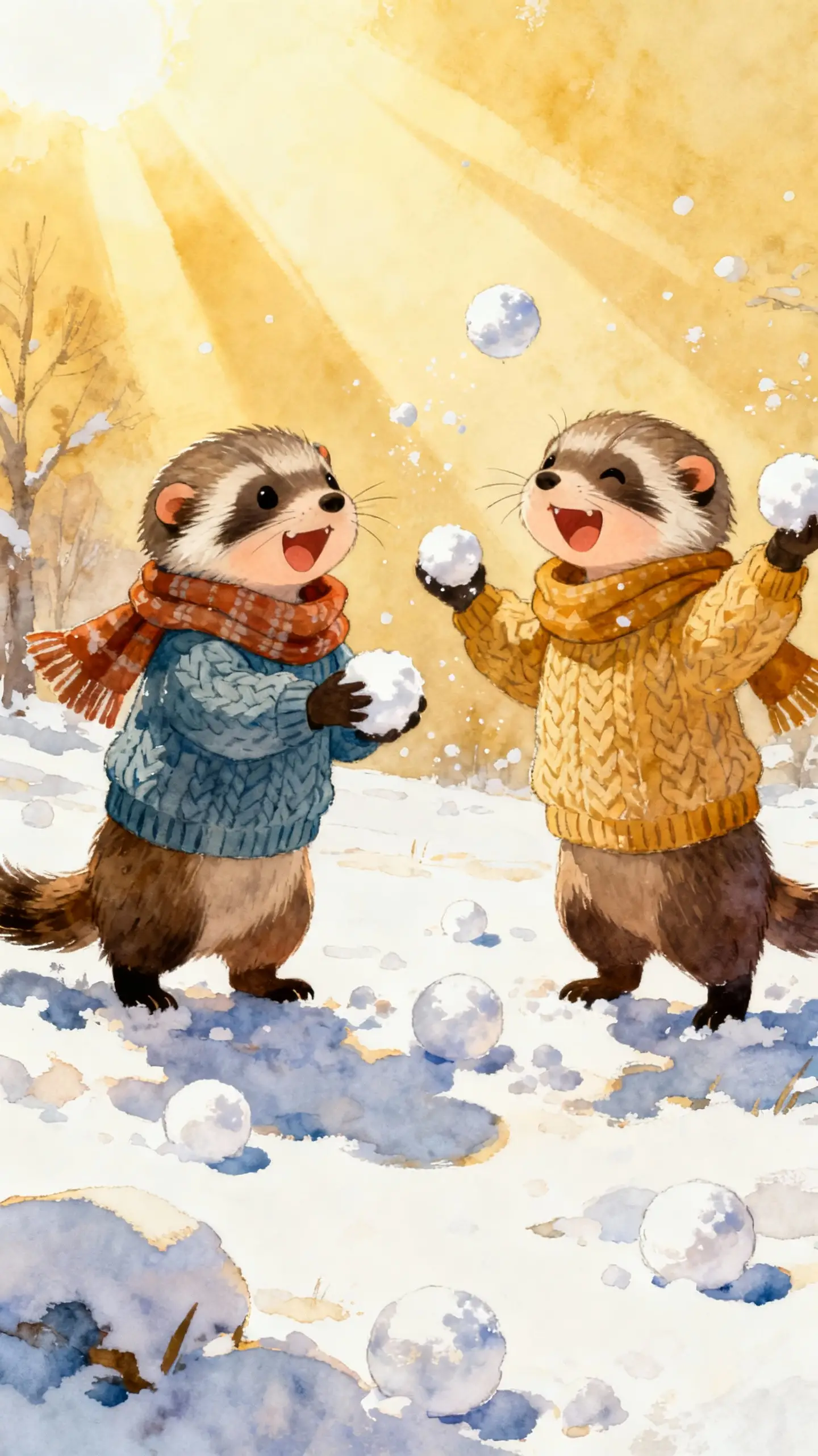 Playful polecat children throwing snowballs in sunlight