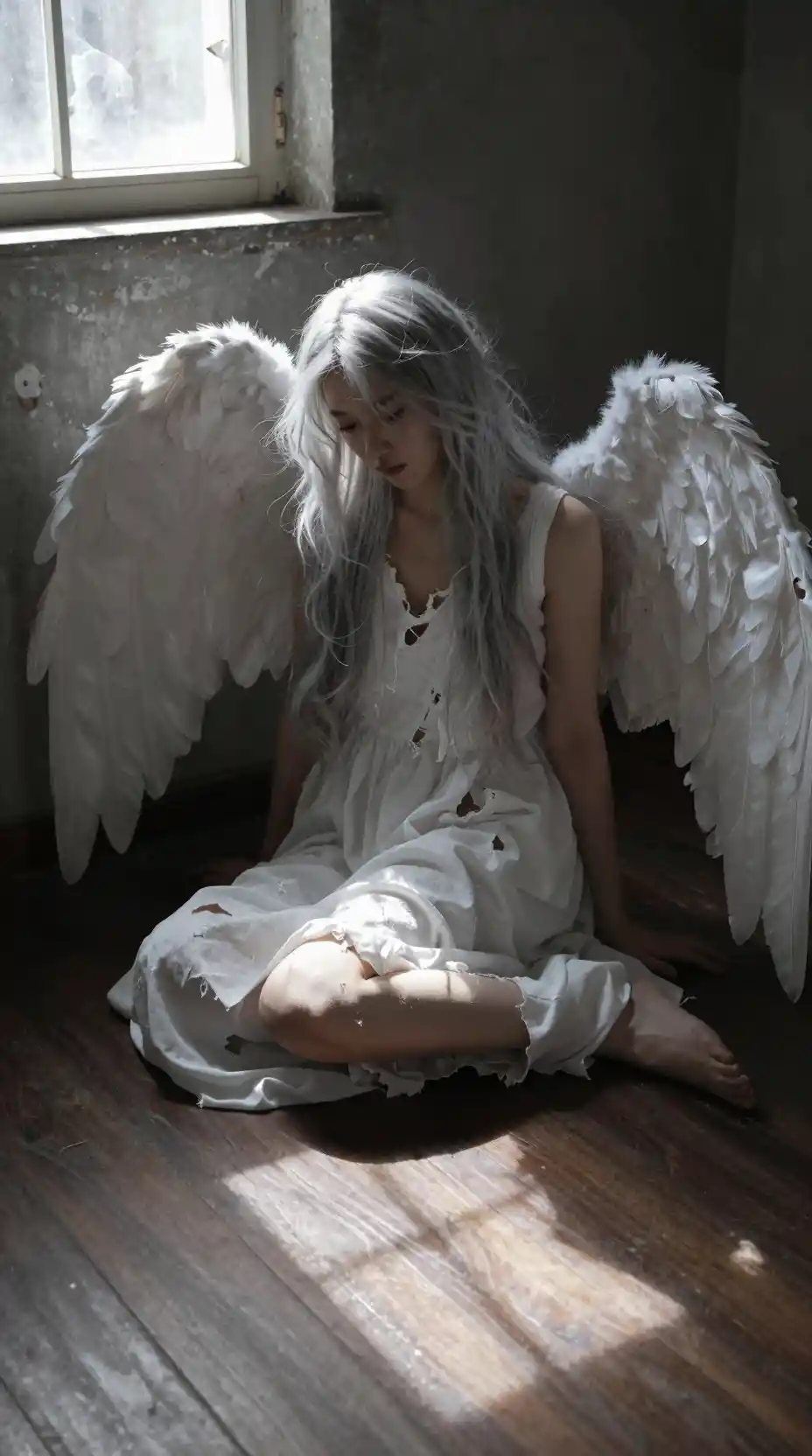 Sad angel with silver hair in a rustic sunlit room