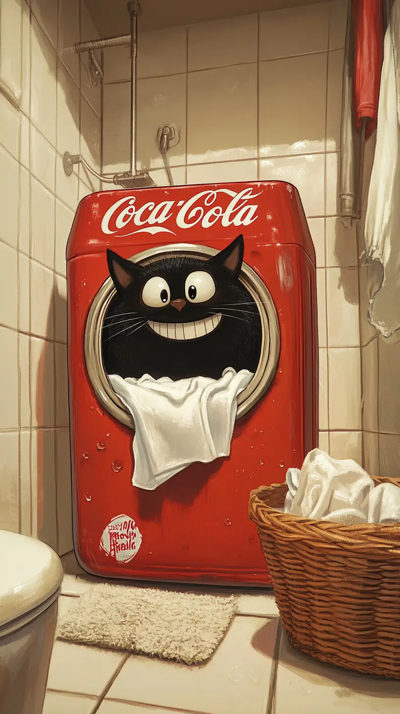 Cartoon black cat in red washing machine bathroom scene
