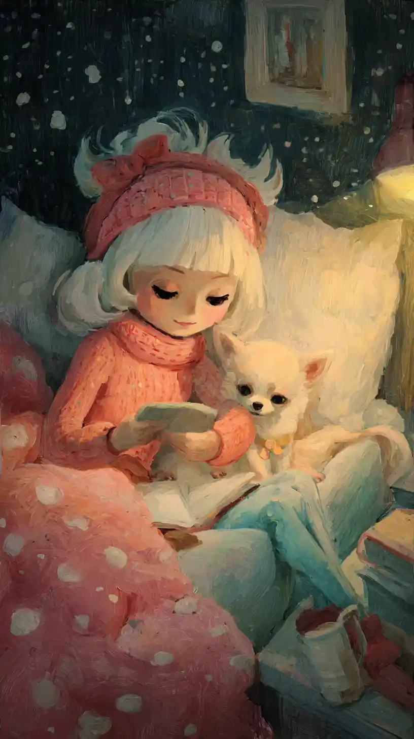 Whimsical cozy night illustration with a small dog