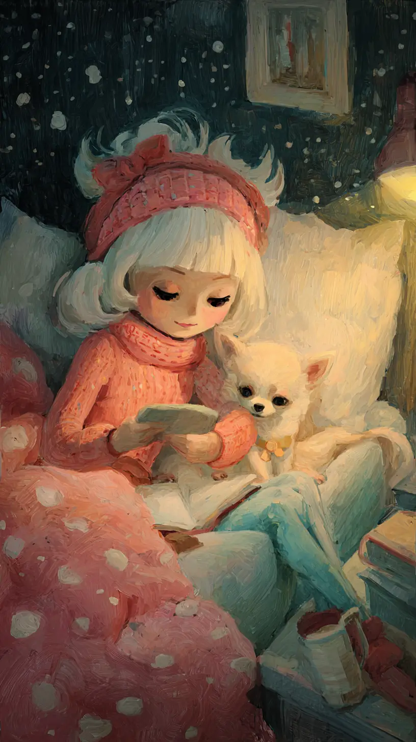 Whimsical cozy night illustration with a small dog