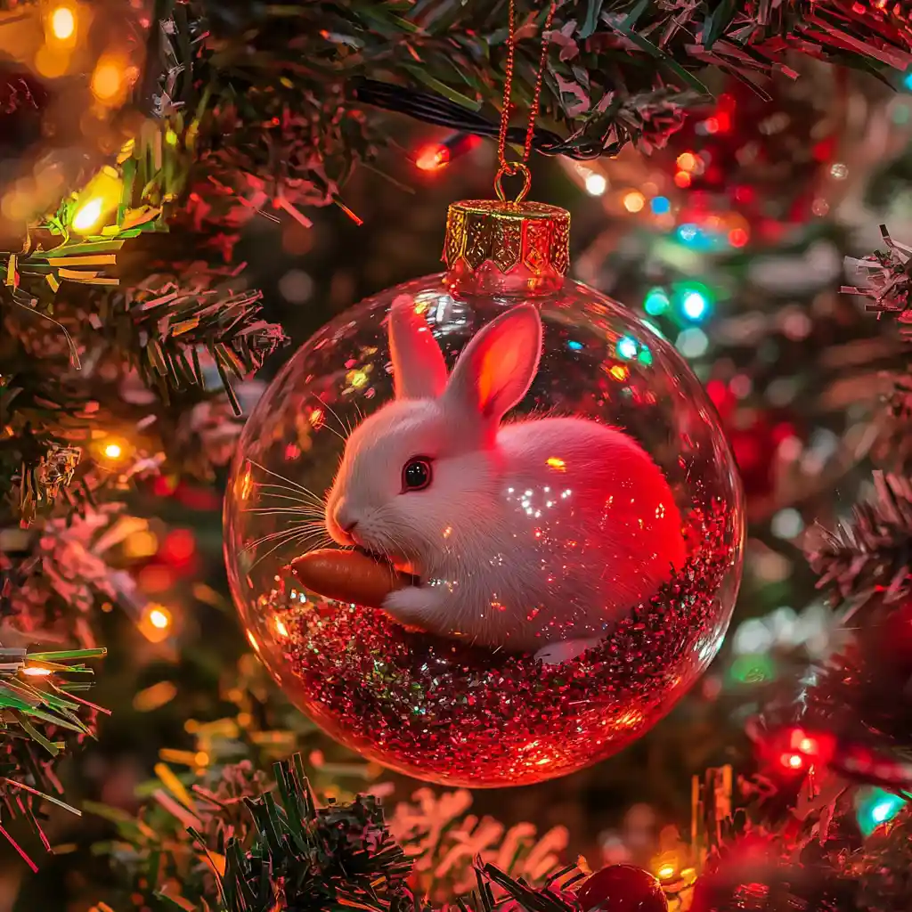 White rabbit in glowing red christmas ornament close up