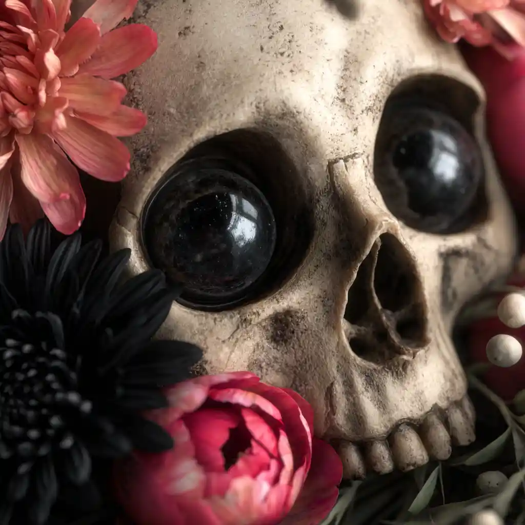 Close up skull with glassy eyes and dark florals