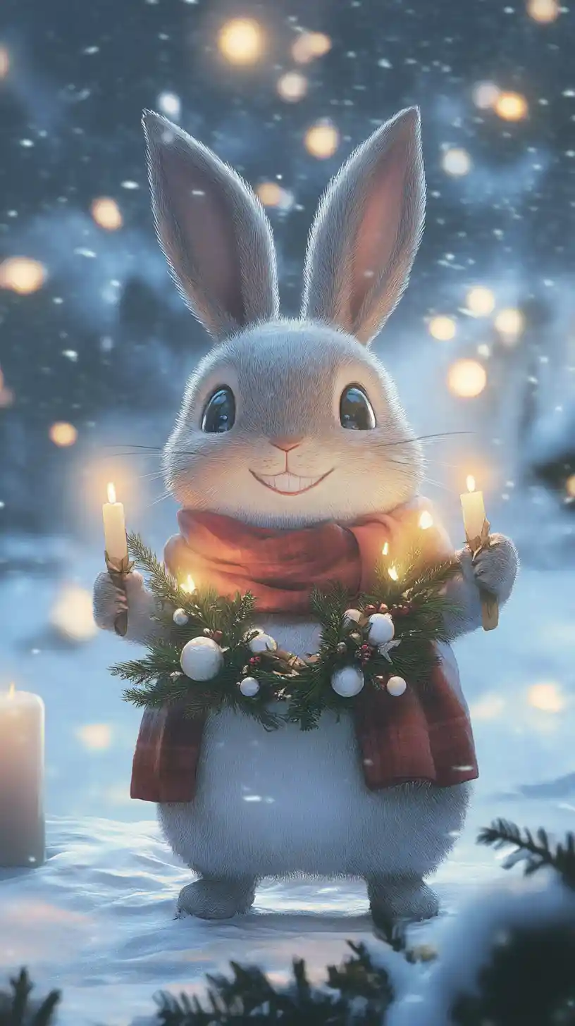 Smiling rabbit with advent wreath in snowy winter scene