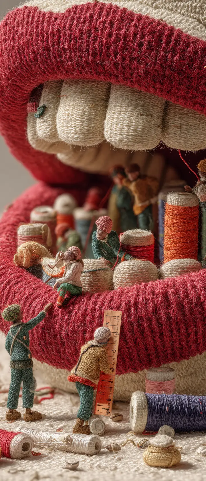 Macro view of a whimsical yarn smile sculpture