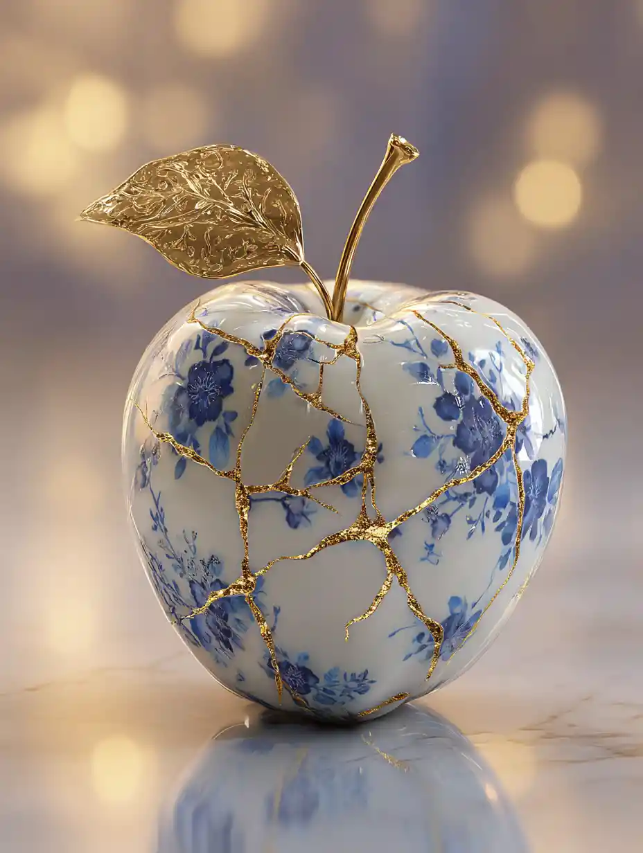 Porzellanapfel mit goldener Kintsugi und blauem Blumenmuster