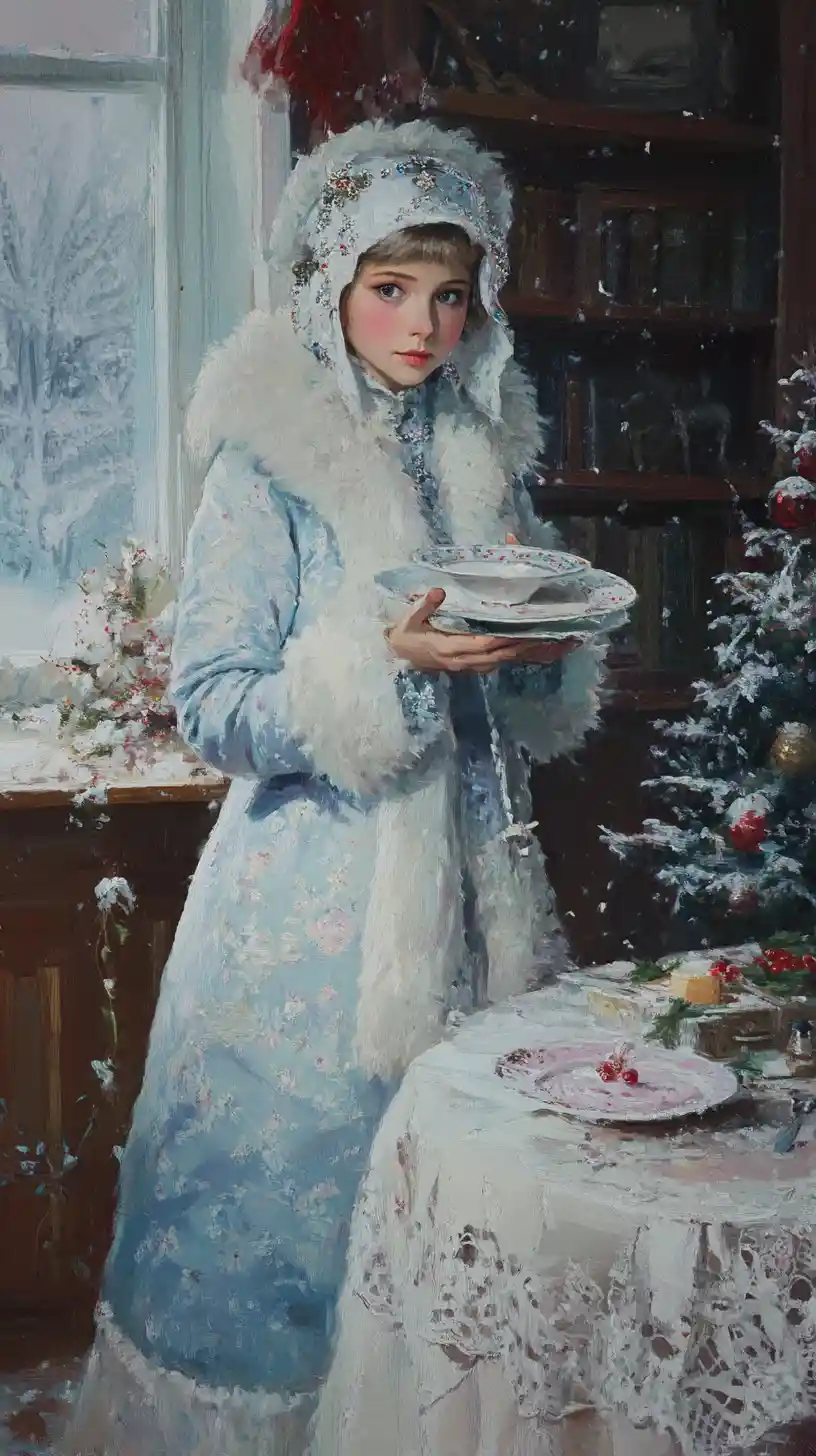 Soviet Snow Maiden Setting Plates In Cozy Apartment