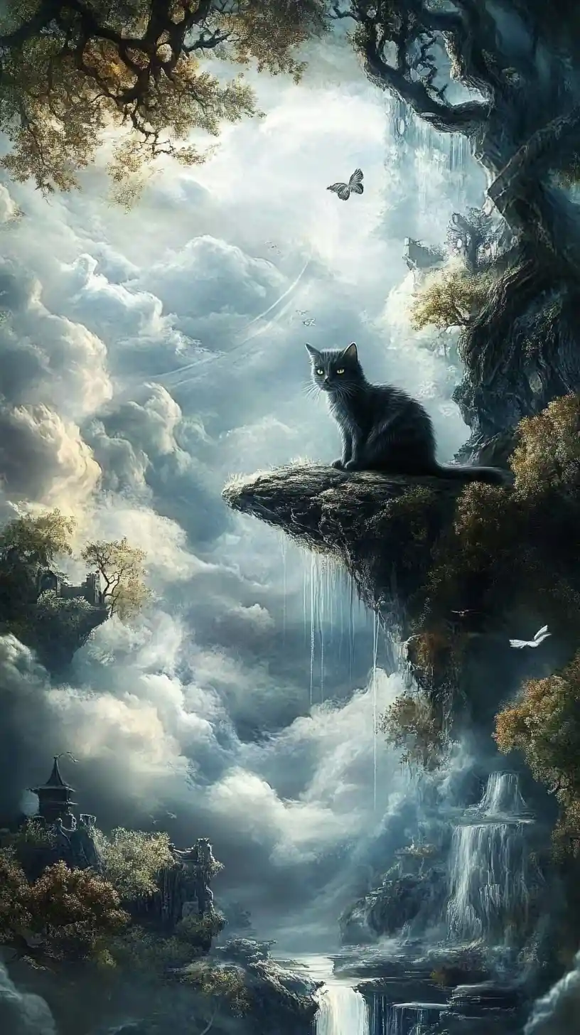 Gato surreal en un paisaje de fantasía lúdico y onírico