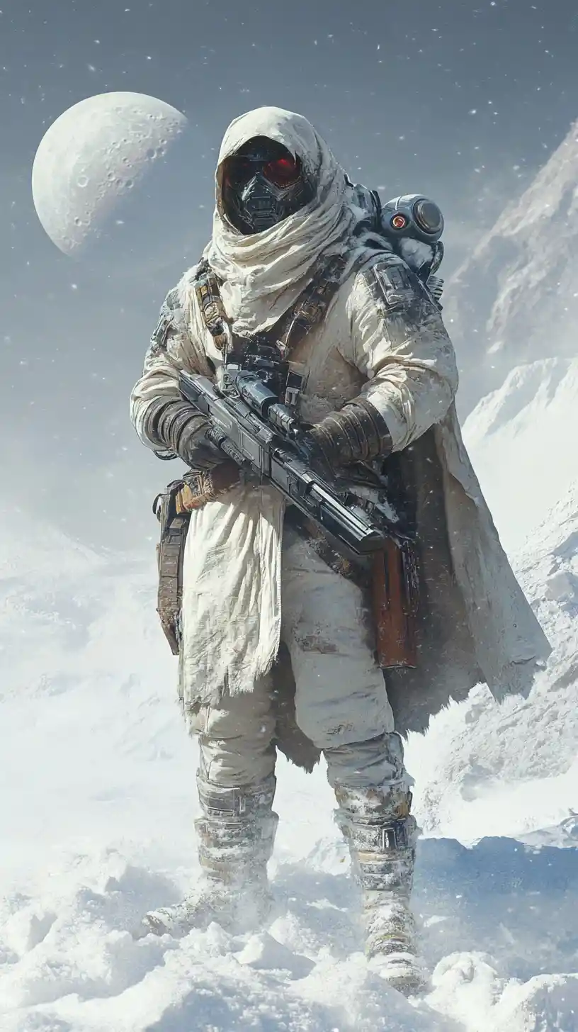 Eskimo warrior standing in snow before futuristic city